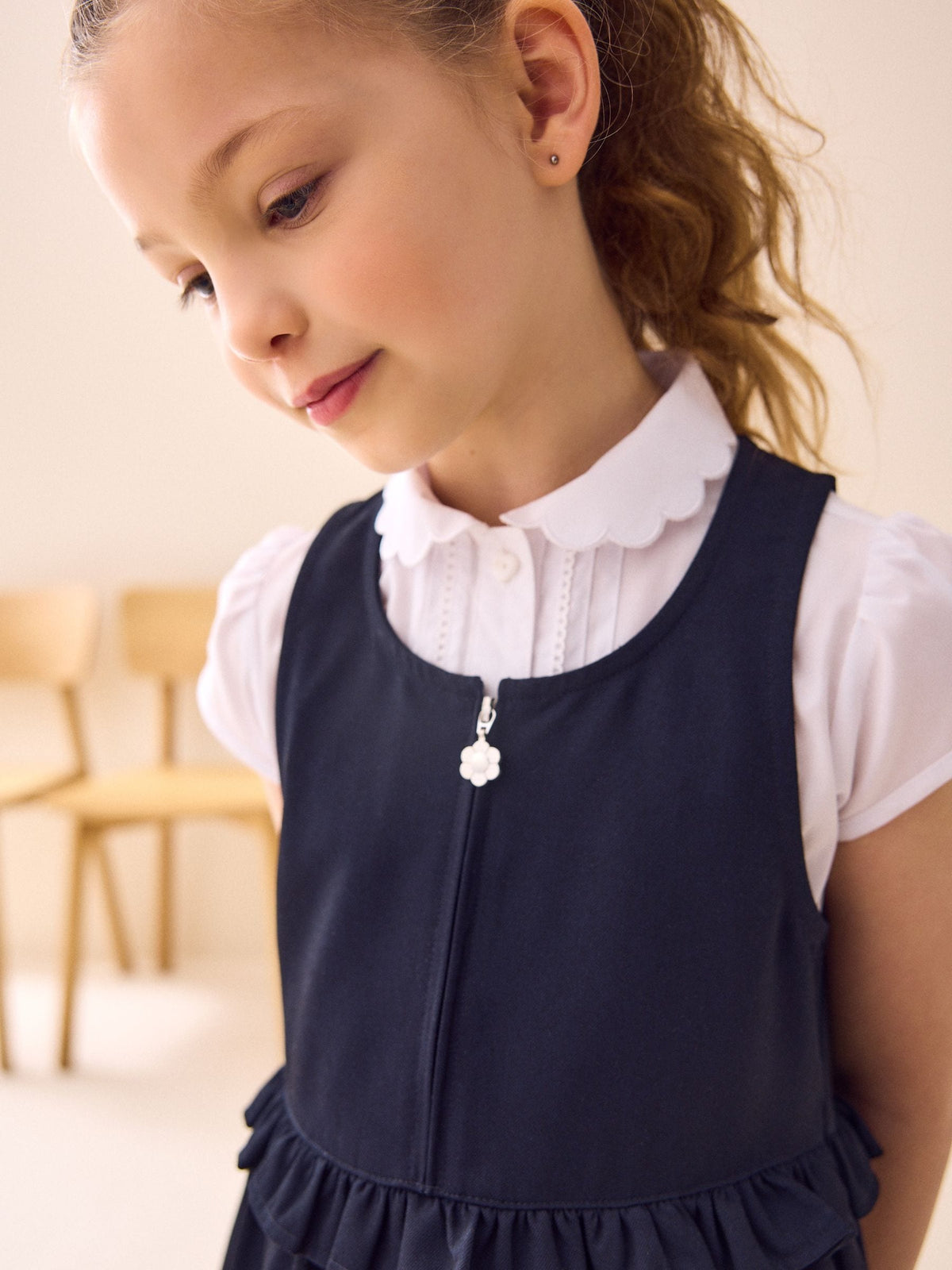 Navy Blue Zip Front Frill Waist School Pinafore Dress (3-14yrs)