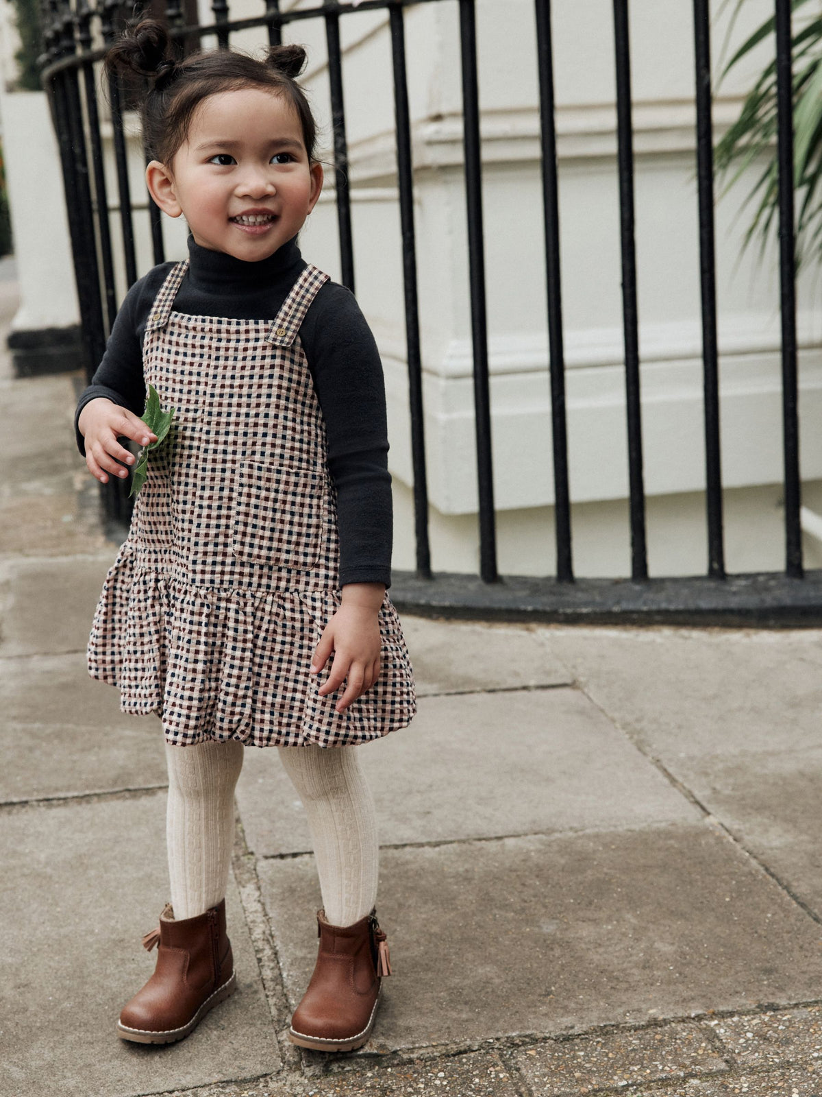 Neutral Check Bubble Hem Pinafore Dress (3mths-8yrs)