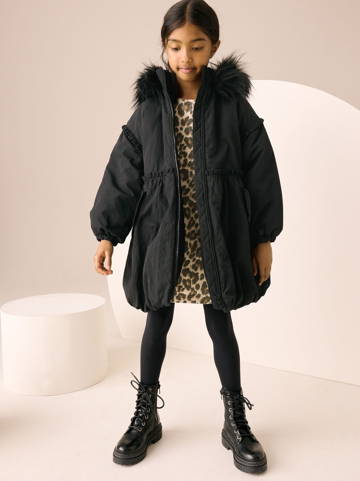 Black Shower Resistant Puffball Hem Padded Coat (3-16yrs)