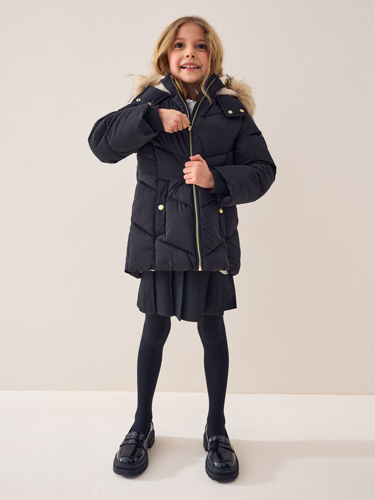 Black Shower Resistant Faux Fur Trim Padded Coat (3-16yrs)