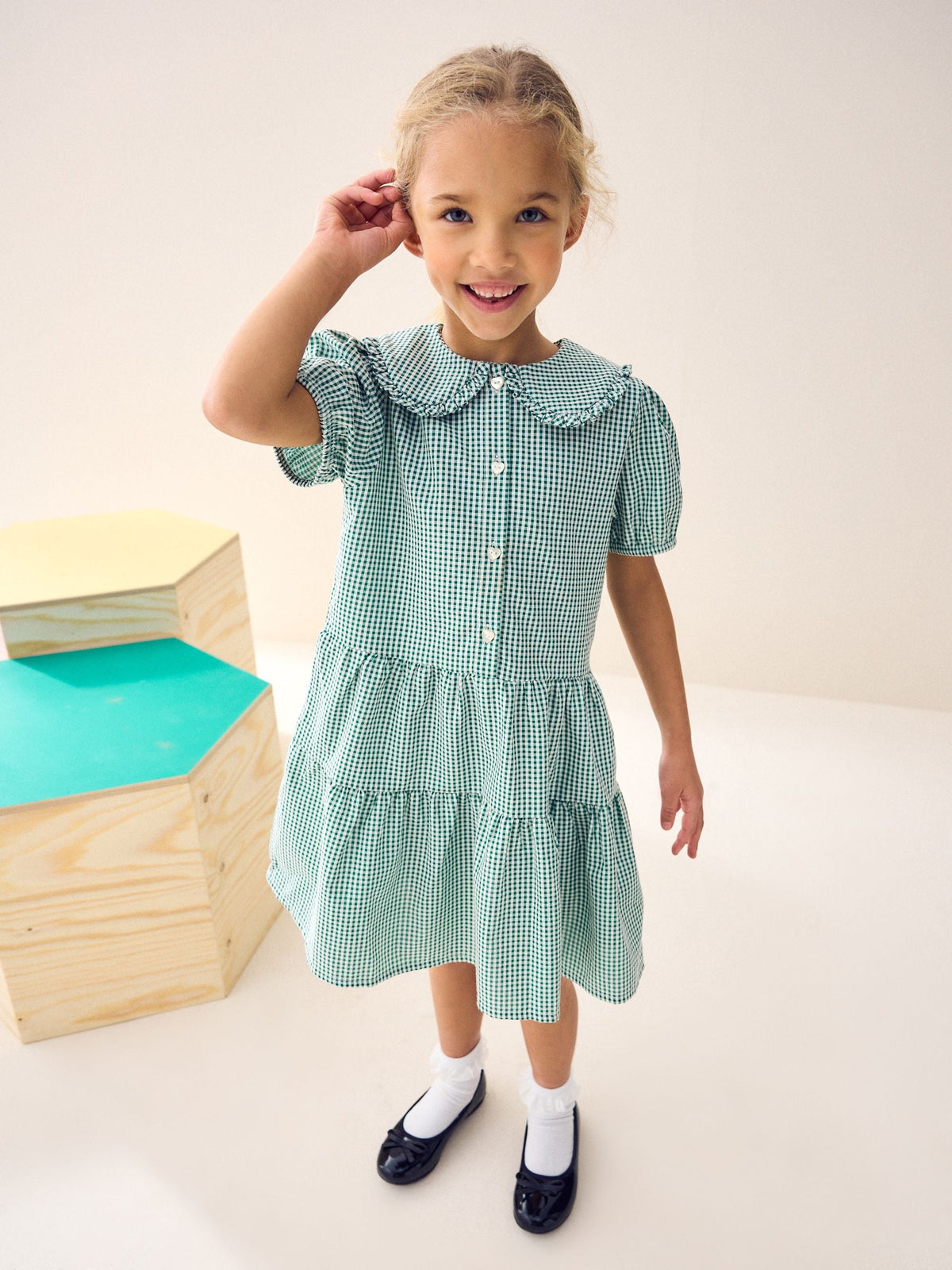 Green Cotton Rich School Gingham Tiered Pretty Collar Dress (3-14yrs)