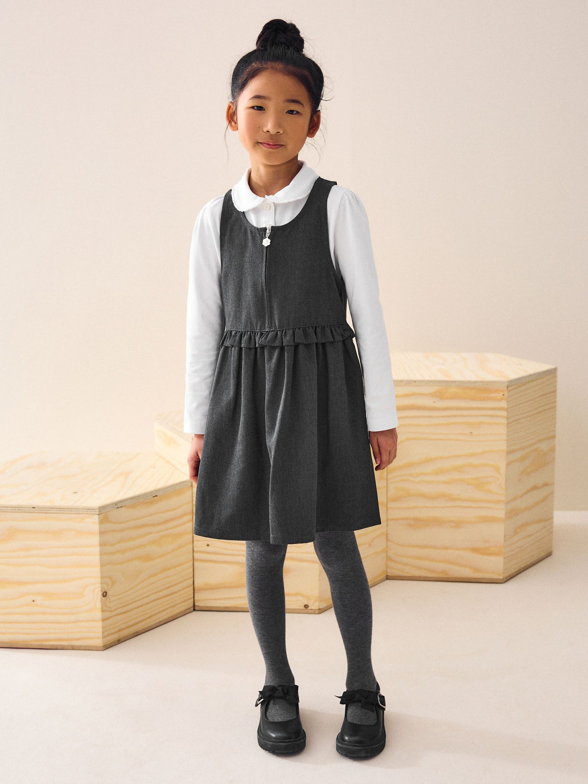 Grey Zip Front Frill Waist School Pinafore Dress (3-14yrs)