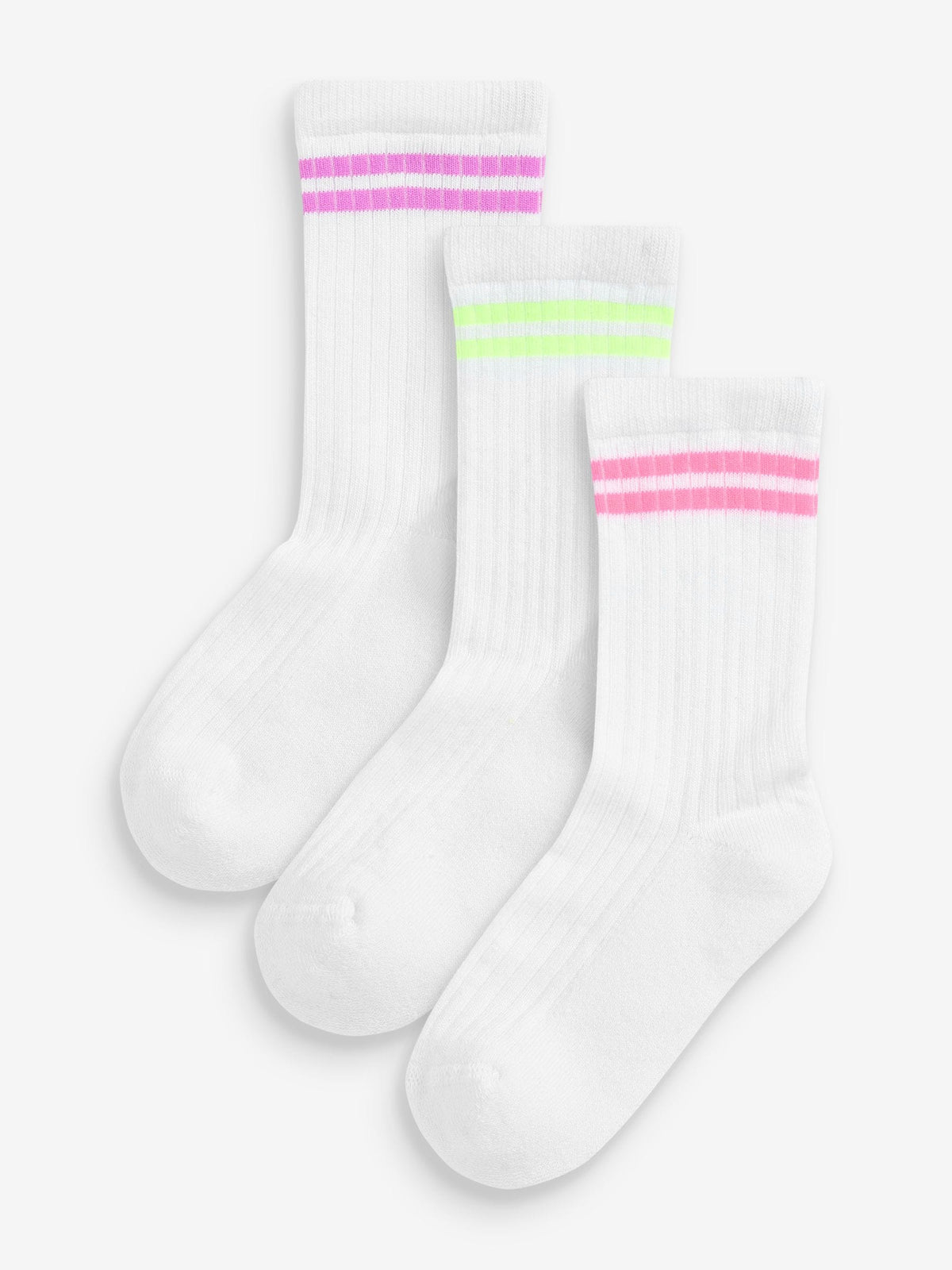 White with fluorescent stripe Regular Length 3 Pack Cotton Rich Cushioned Sole Ankle Socks