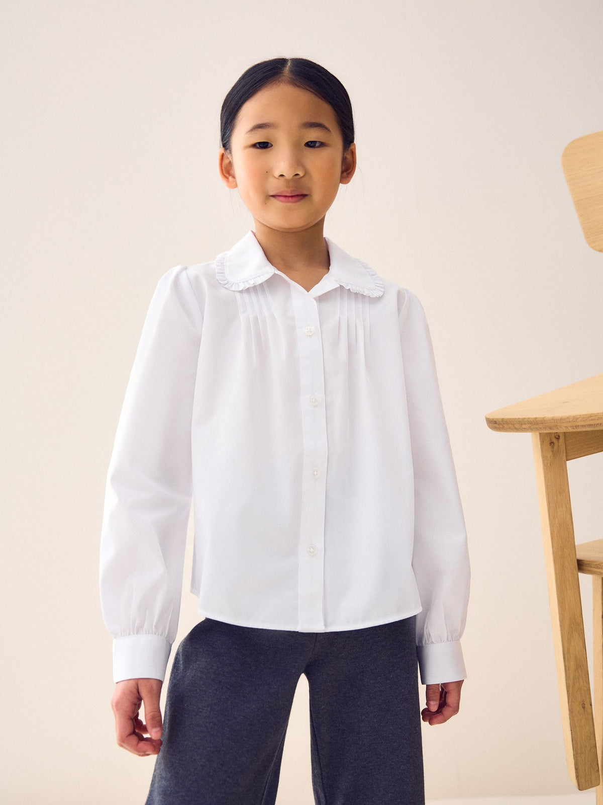 White Long Sleeve Ruffle Collar School Shirt (3-14yrs)