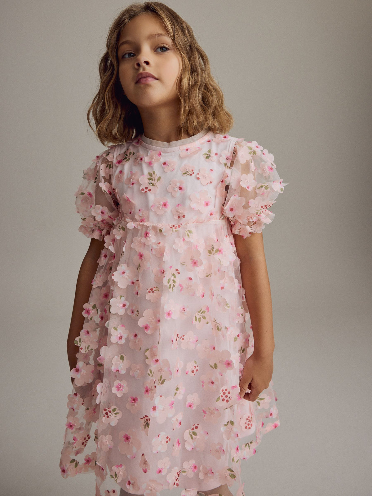Pink Printed Mesh Flower Party Dress (3-16yrs)