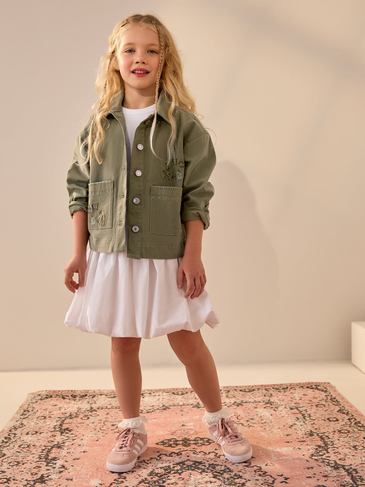 Khaki Floral Embroidered Shacket (3-16yrs)