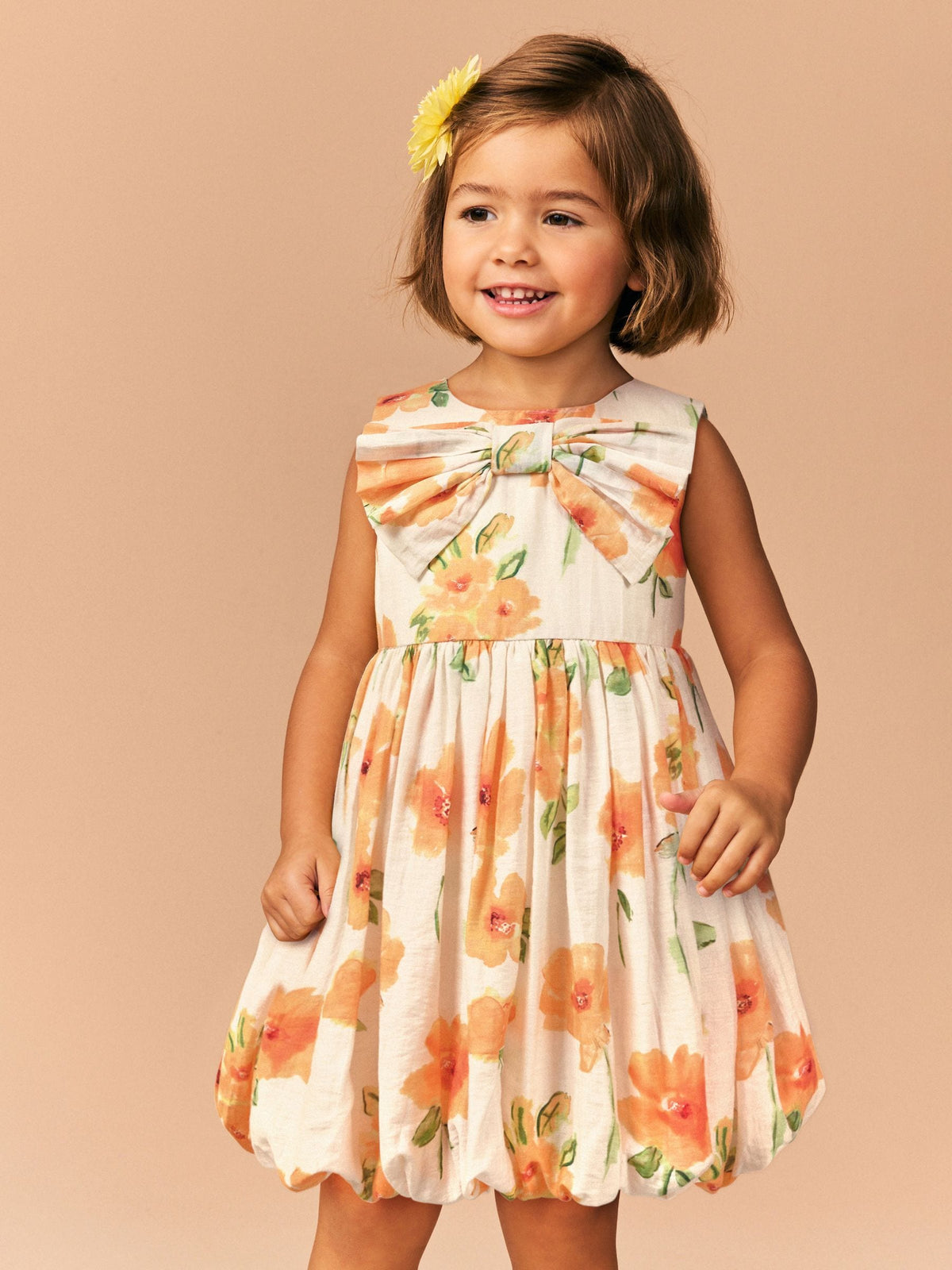Orange Floral Bubble Hem Bow Dress (3mths-8yrs)