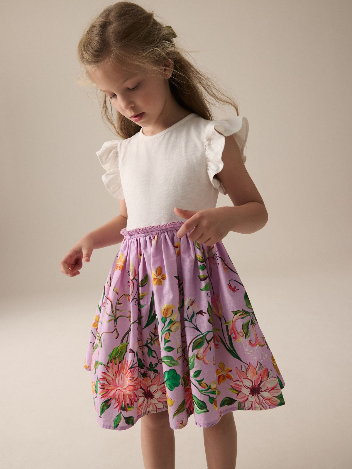 Lilac Purple Floral Print Skirt 100% Cotton Dress (3-12yrs)
