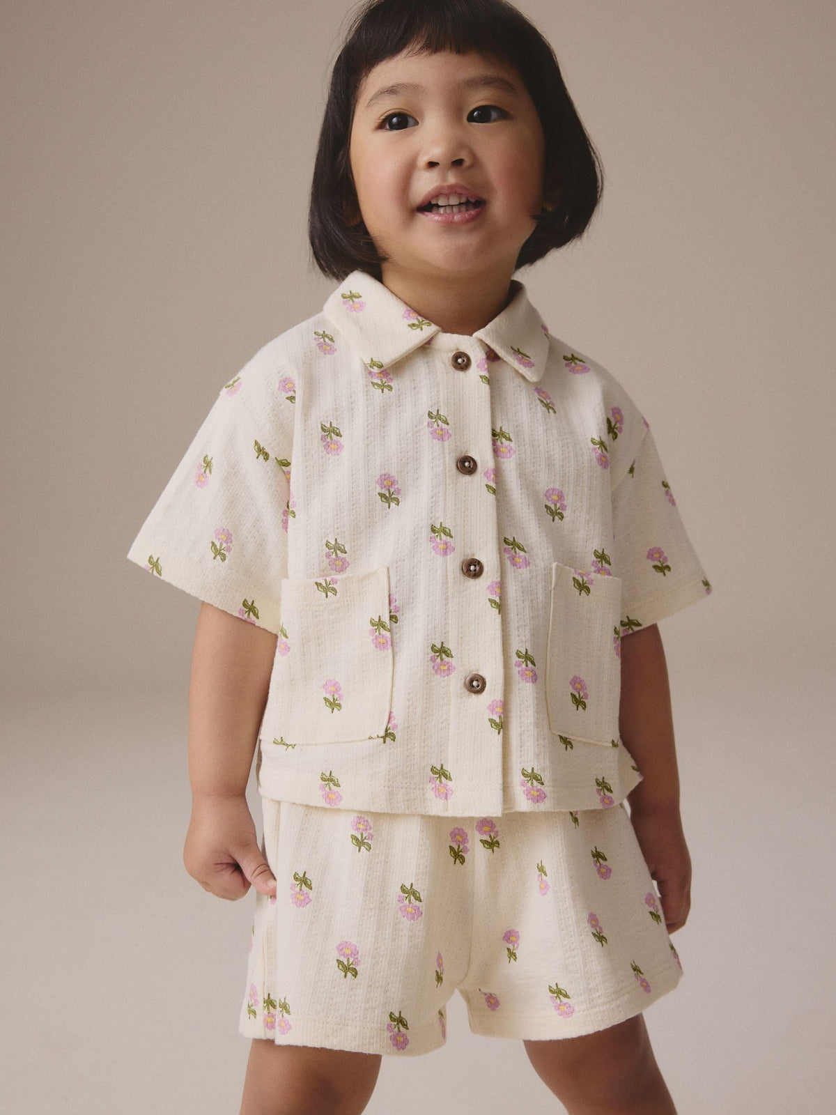 Pink/Cream Flower 100% Cotton Short Sleve Shirt and Shorts Set (3mths-7yrs)