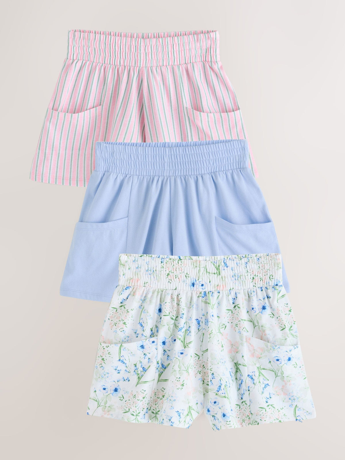 Pink/Blue/Floral 100% Cotton Shorts 3 Pack (3-16yrs)