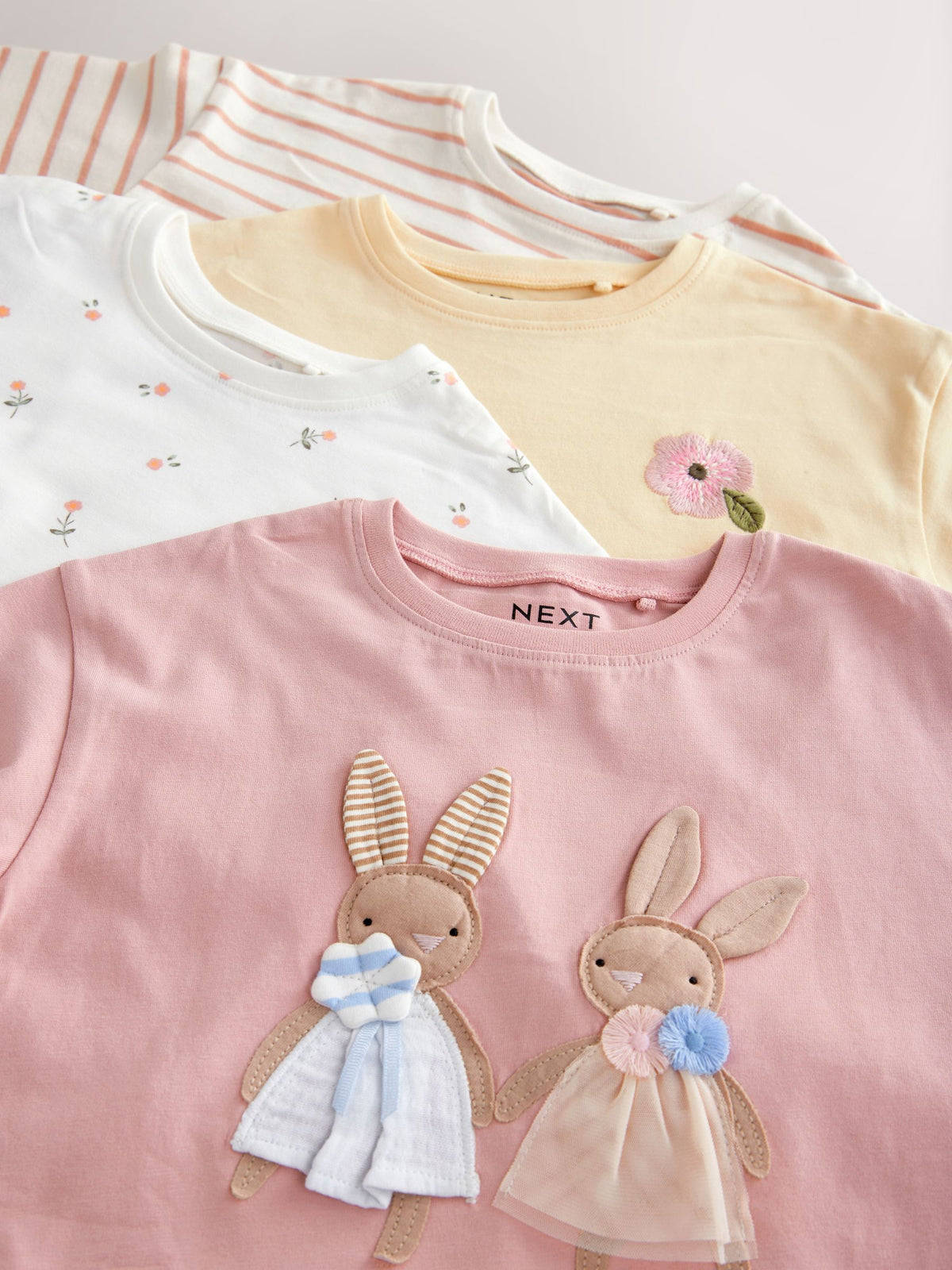 Pink/White 4 Pack Bunny Embroidered Long Sleeve T-Shirts (3mths-7yrs)