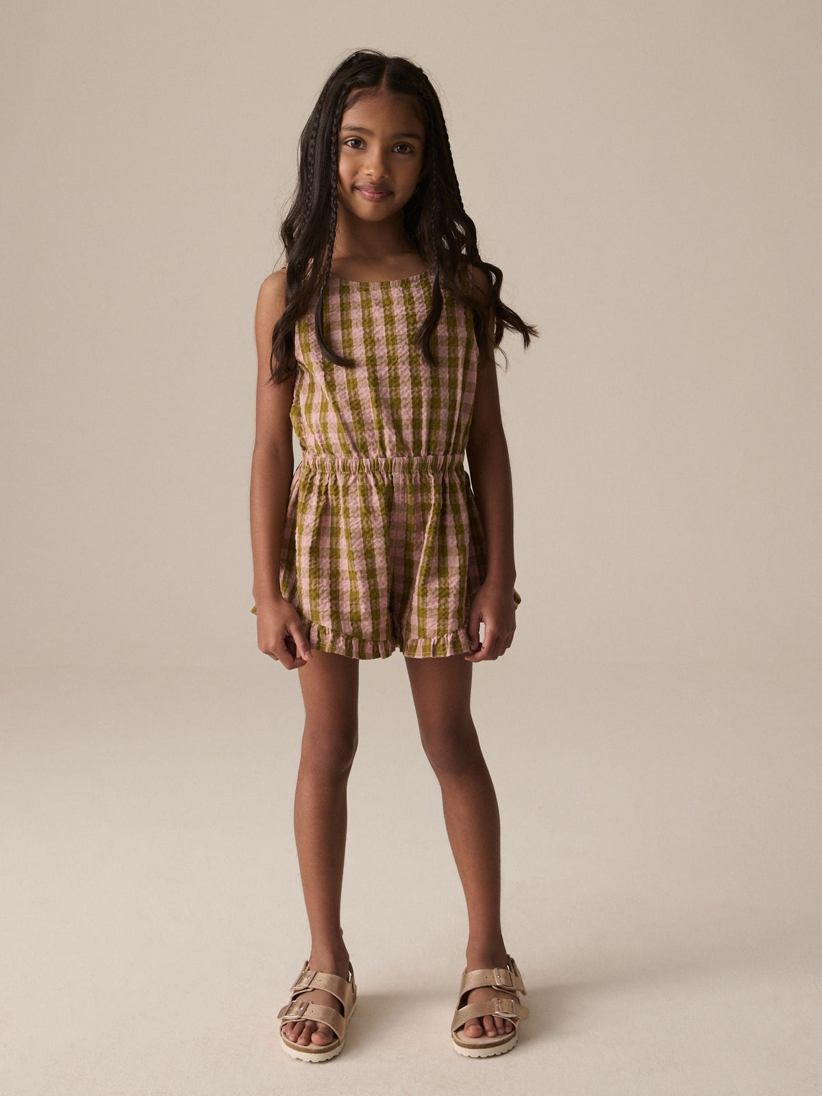 Pink/Khaki Gingham Bow Detail Playsuit (3-16yrs)