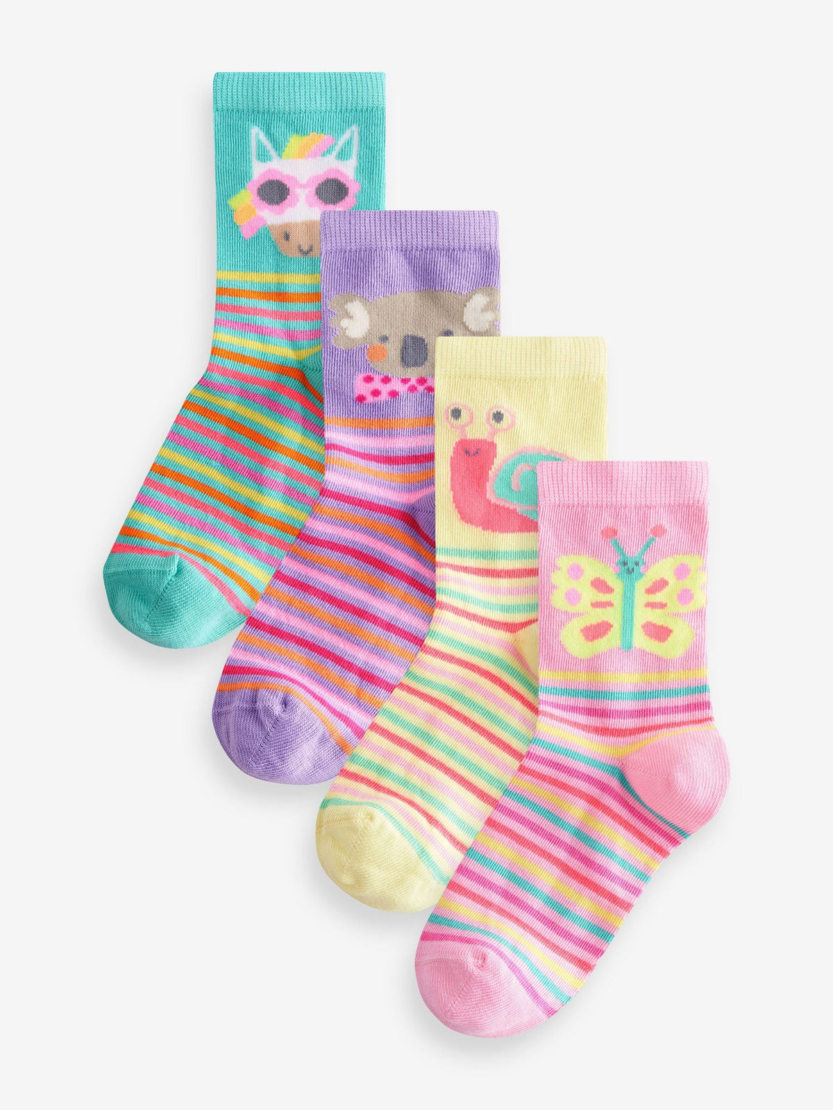 Pink, Purple and Green 4 Pack Cotton Rich Character Ankle Socks