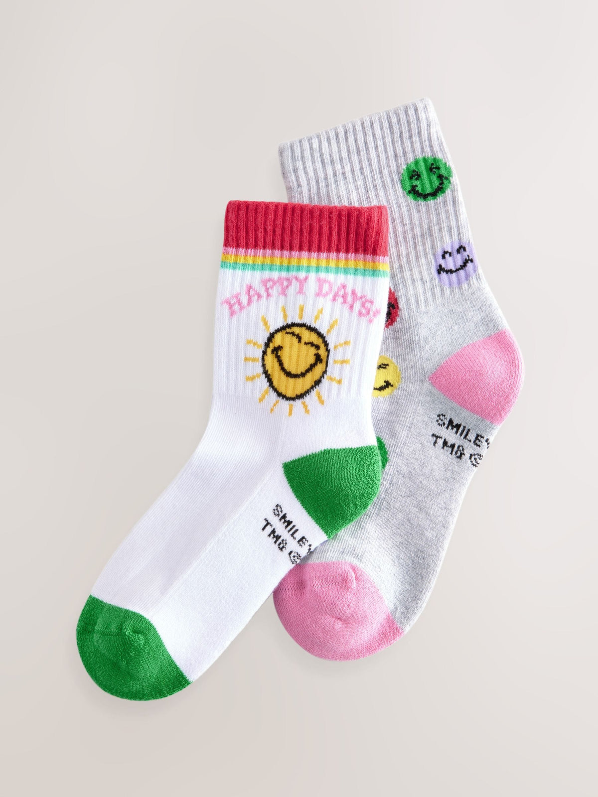 White/Grey 2 Pack Cotton Rich SmileyWorld® Cushioned Sole Ankle Socks