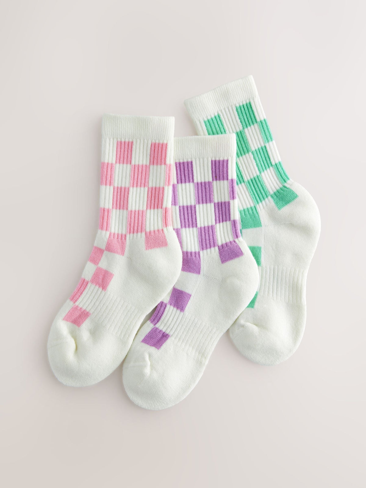 White, Pink, Purple and Green 3 Pack Cotton Rich Checkerboard Cushioned Sole Ankle Socks