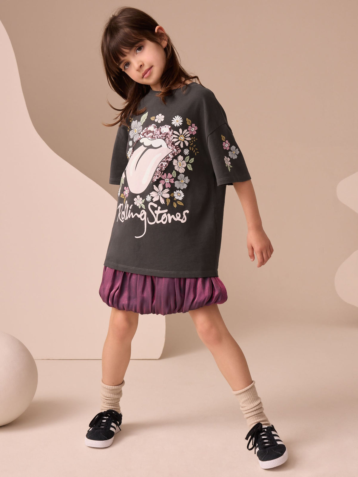 Charcoal Grey Floral The Rolling Stones License Band Sequin T-Shirt (3-16yrs)