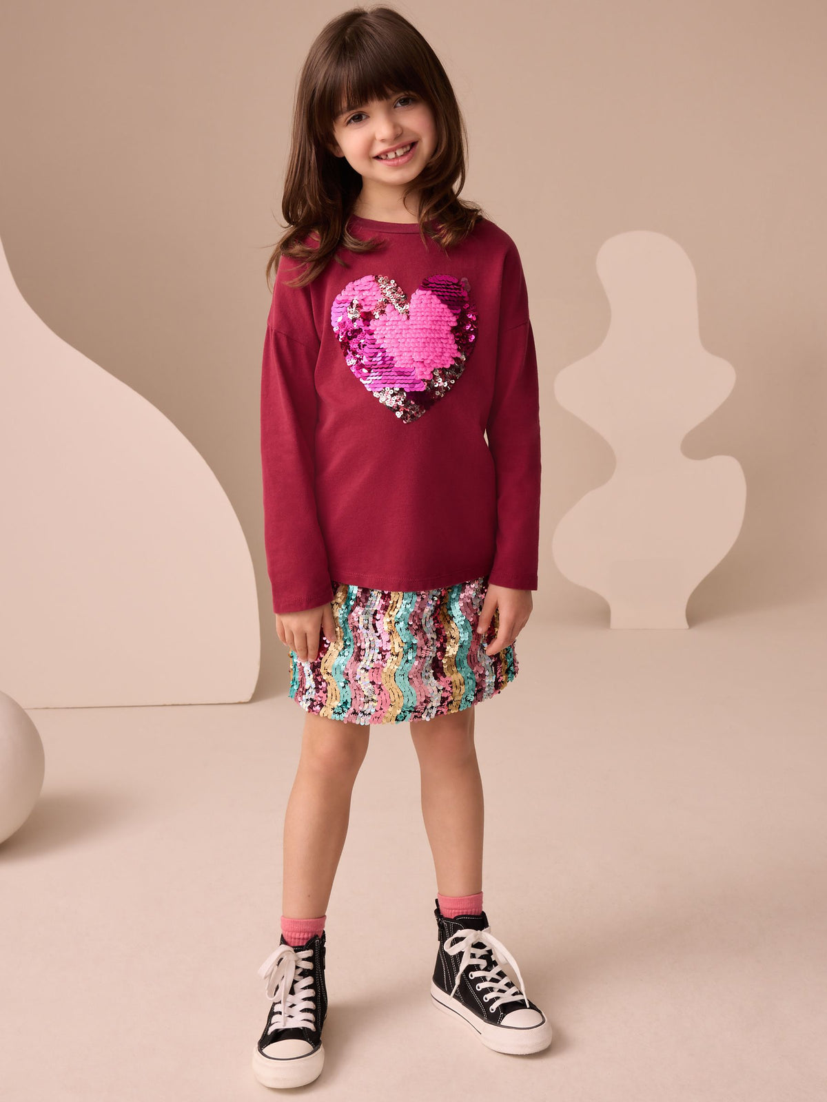 Burgundy Red Heart Long Sleeve Sequin Top (3-16yrs)