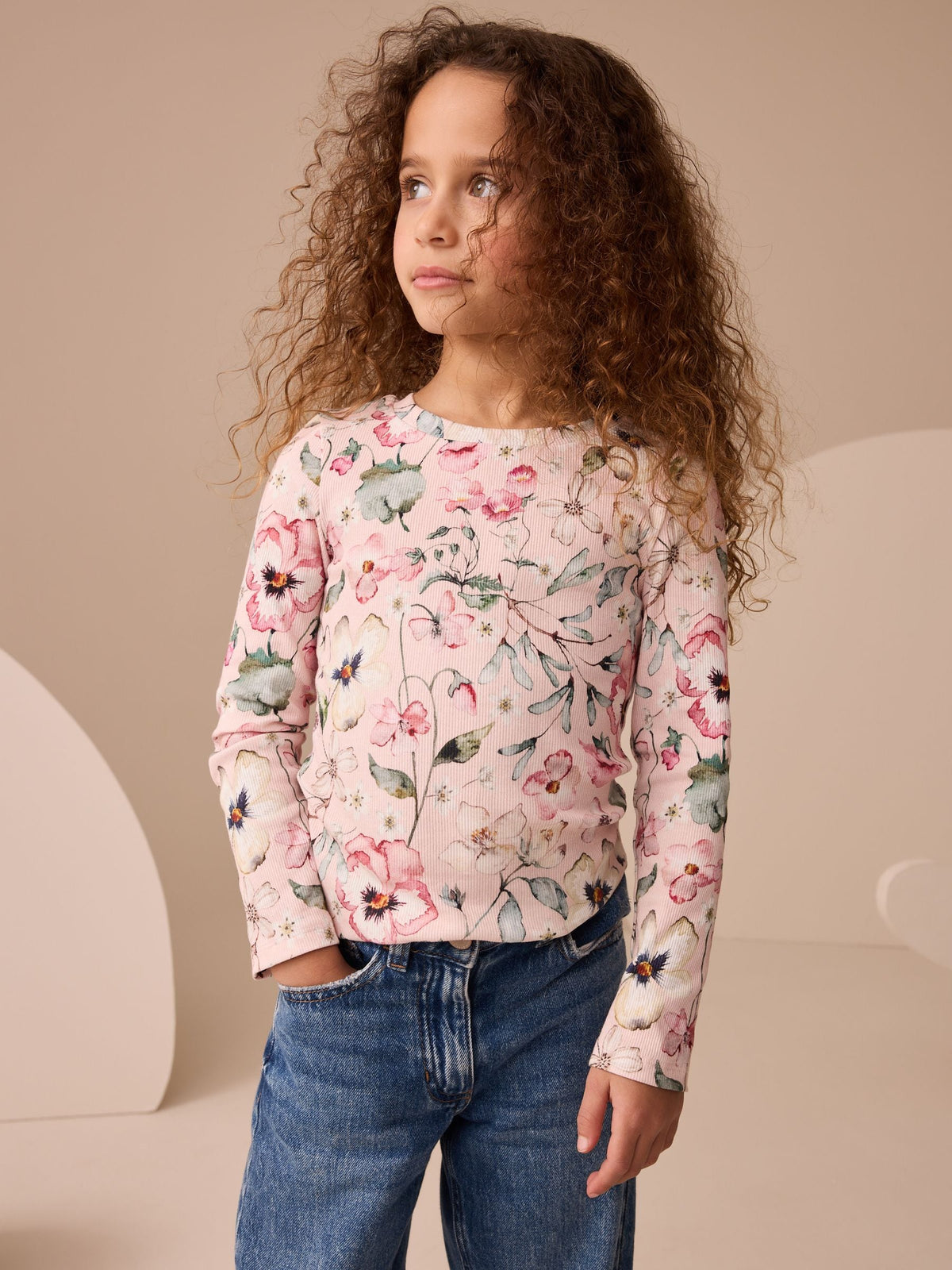 Light Pink Floral Long Sleeve Ribbed Top (3-16yrs)