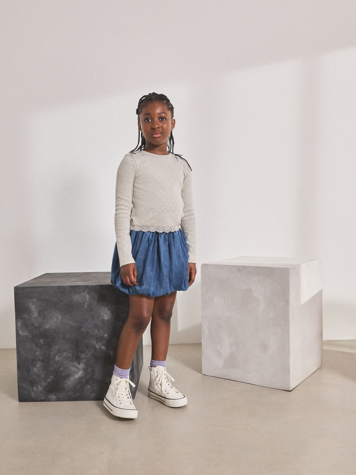 Grey Pointelle Lace Trim Long Sleeve Rib Top (3-16yrs)