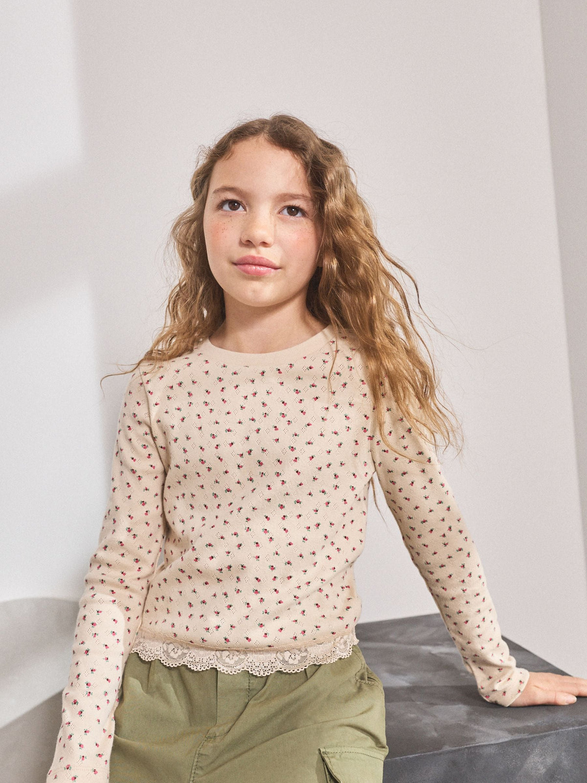 Pink Ditsy Floral Pointelle Lace Trim Long Sleeve Rib Top (3-16yrs)