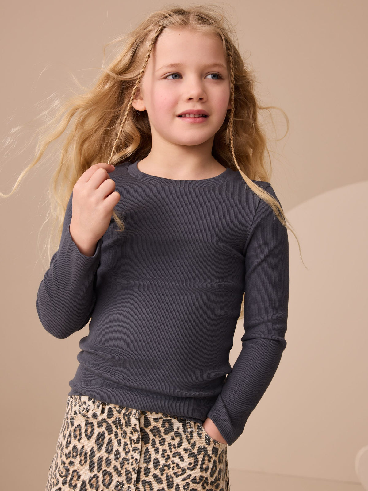 Charcoal Grey Long Sleeve Ribbed Top (3-16yrs)