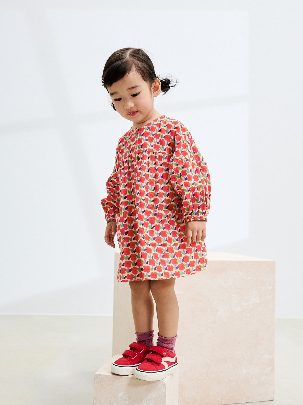 Red Flower Button Up Long Sleeve Dress (3mths-8yrs)
