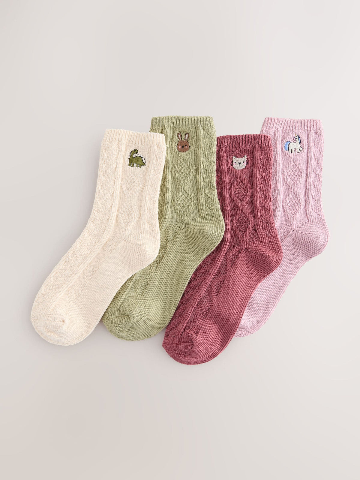 Pink, Green, Oatmeal and Plum Red Cotton Rich Cable Embroidered Ankle Socks 4 Pack
