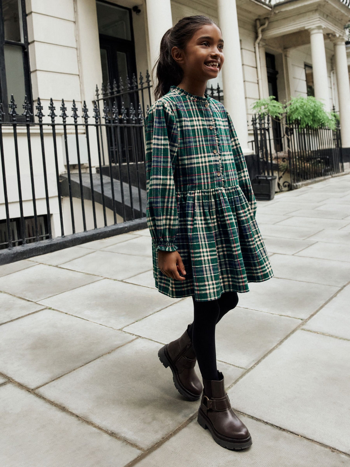 Green Check Placket Dress (3-16yrs)