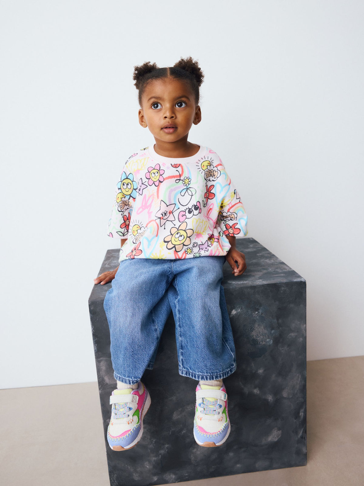 White Doodle Print Girls Short Sleeve T-Shirt (3mths-7yrs)