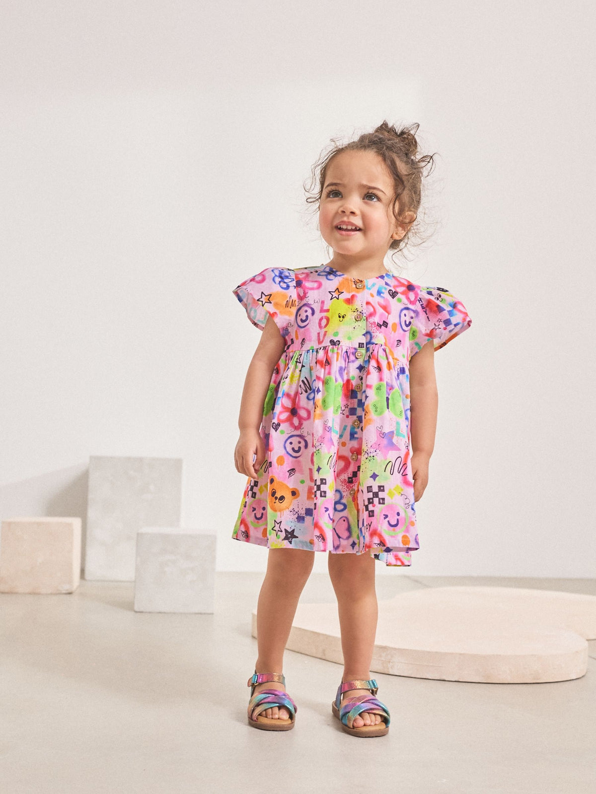 Multi Pink Graffiti Button Up Summer Dress (3mths-10yrs)