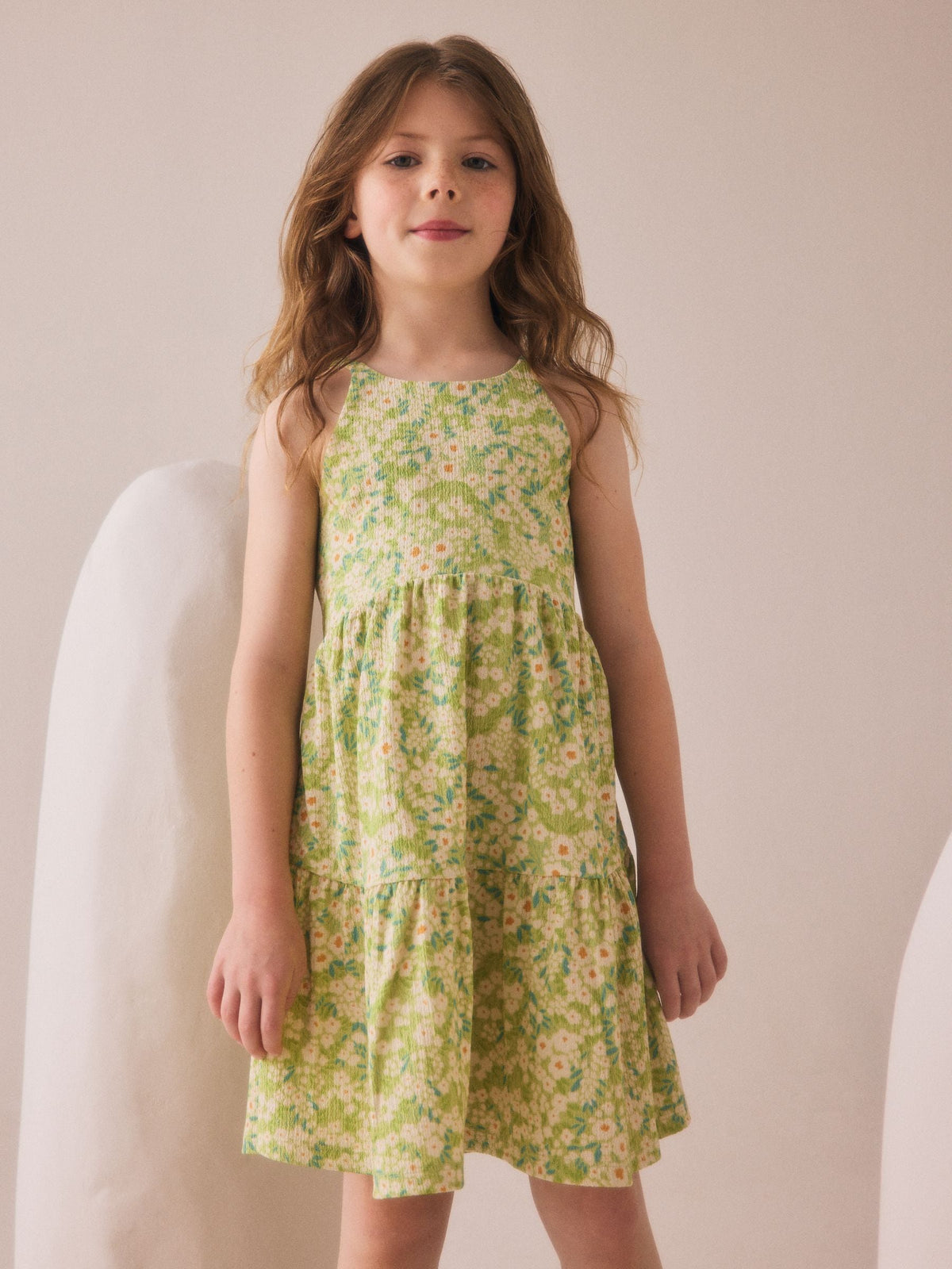 Light Green Flower Print Strappy Crinkle Summer Dress (3-16yrs)