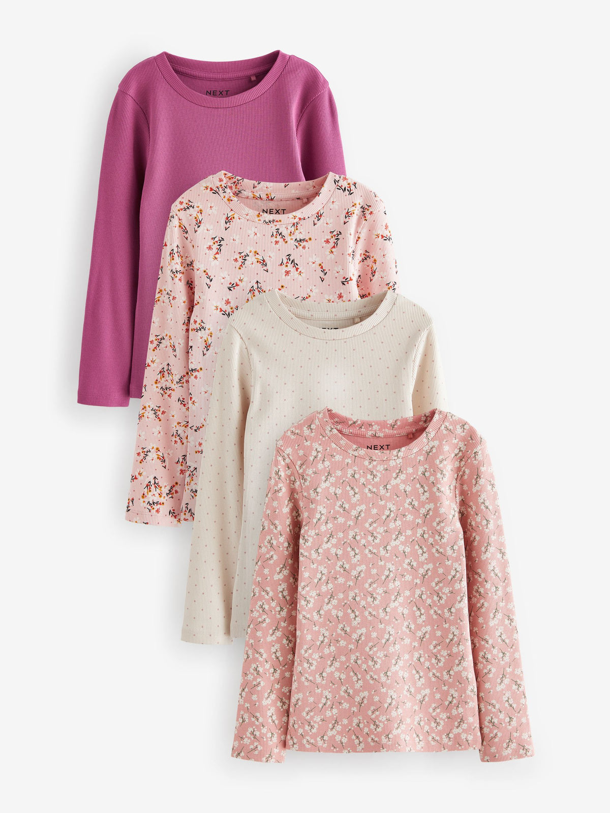 Pink Floral Rib Long Sleeve Tops 4 Pack (3-16yrs)