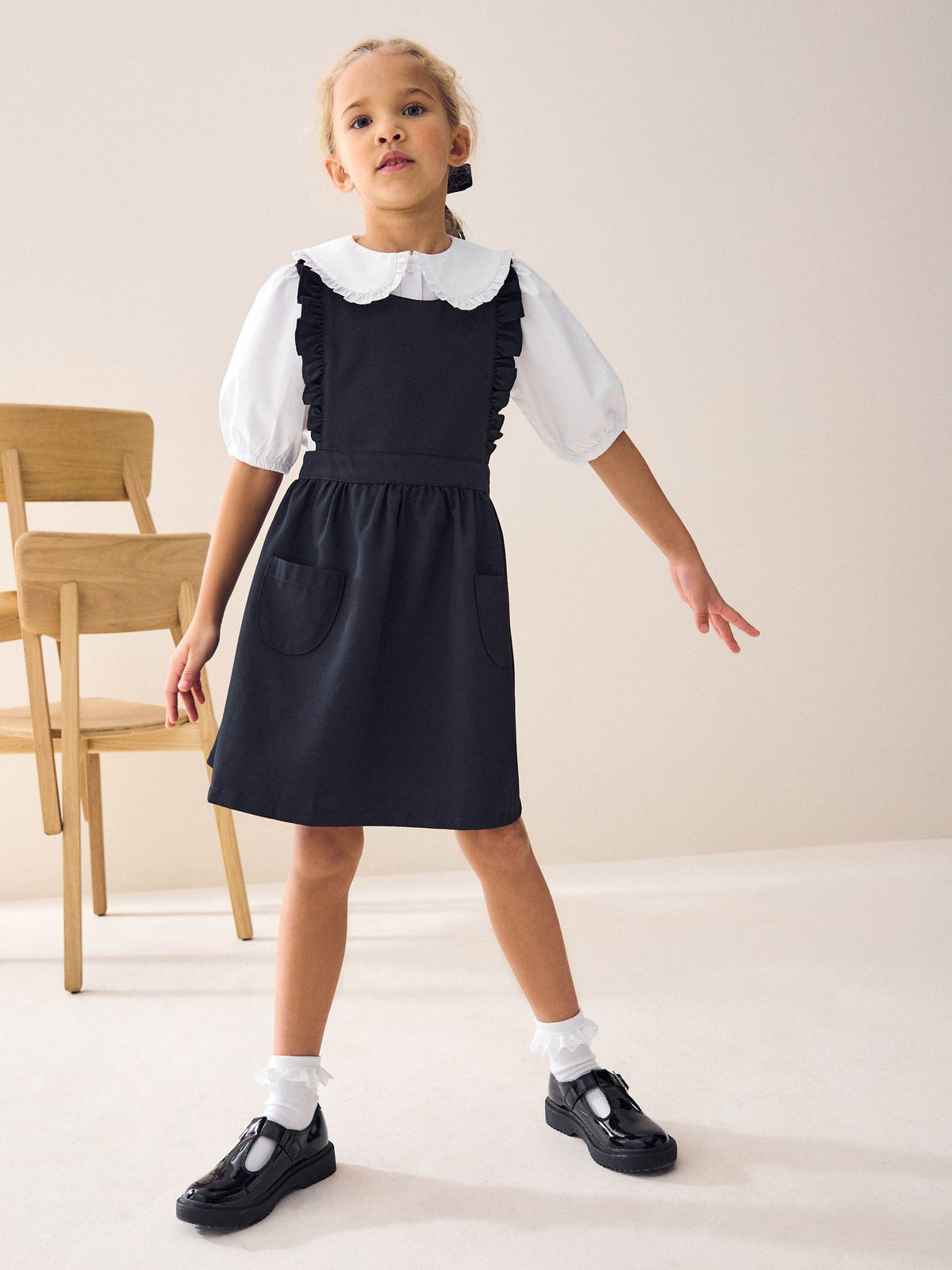Navy Blue Ruffle Detail Pinafore School Dress (3-14yrs)