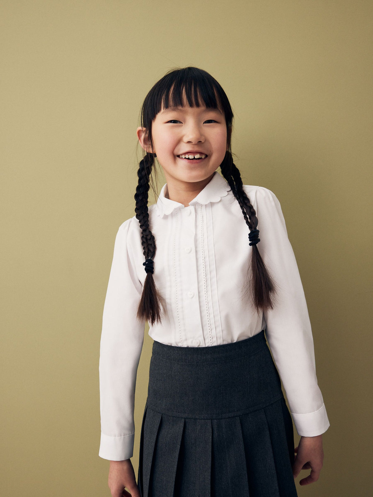 White Long Sleeve Scalloped Lace Trim School Blouse (3-14yrs)