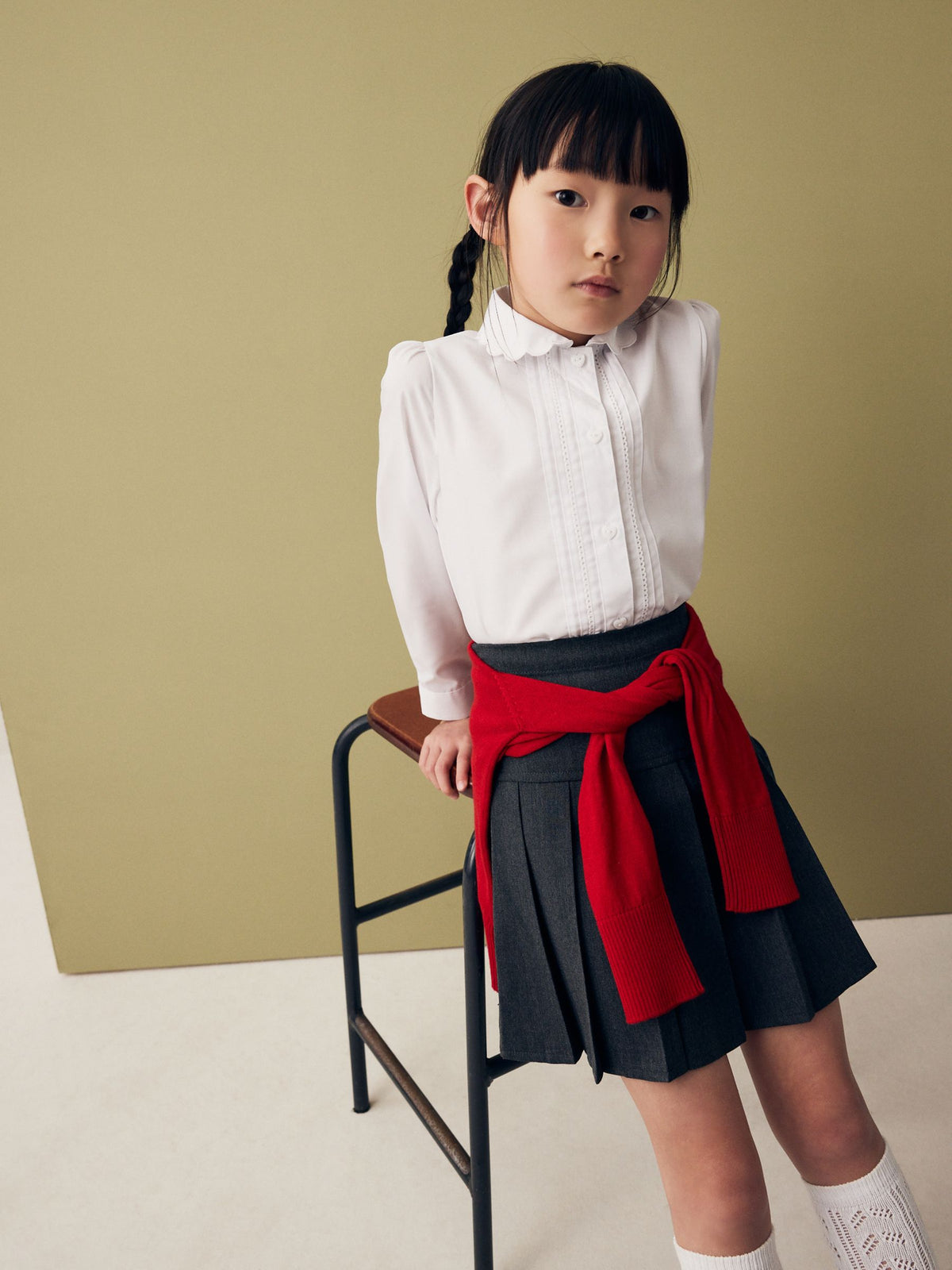 White Long Sleeve Scalloped Lace Trim School Blouse (3-14yrs)