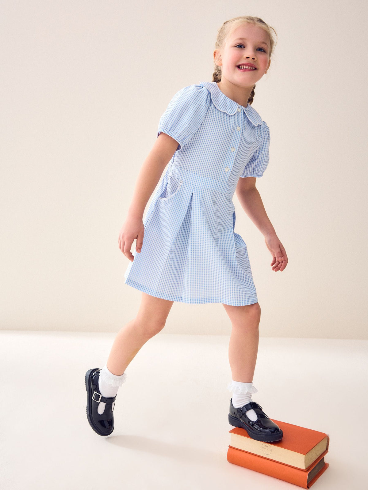 Blue Cotton Rich Scalloped Collar Gingham School Dress (3-14yrs)