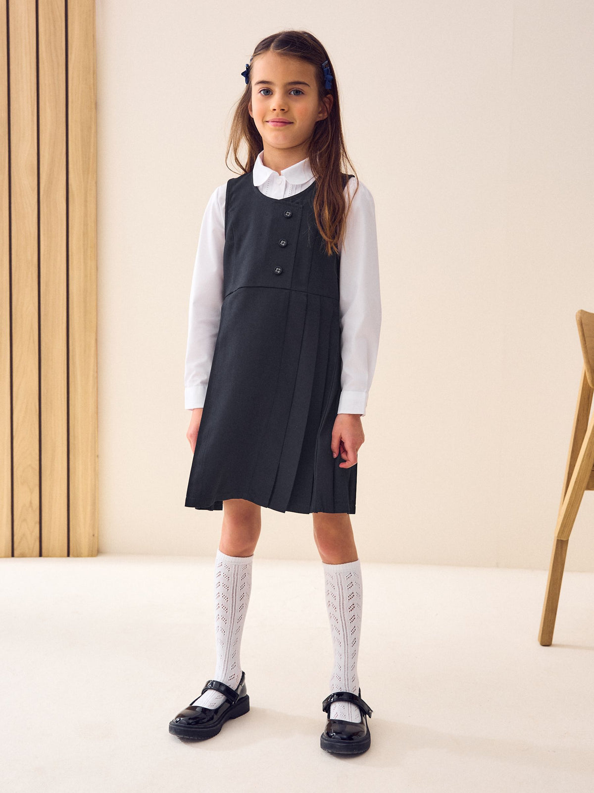 Navy Blue Asymmetric Button Front Pinafore School Dress (3-14yrs)