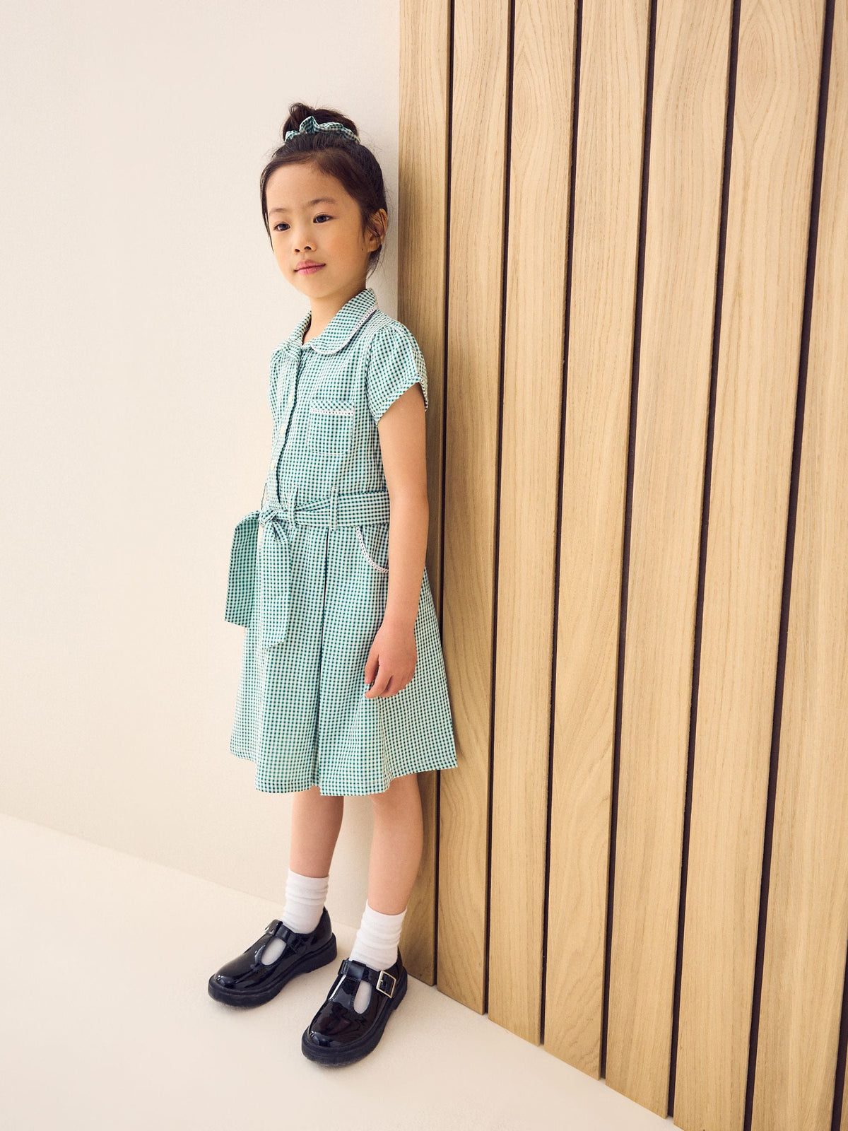 Green Gingham Cotton Rich Belted School Dress with Scrunchie (3-14yrs)