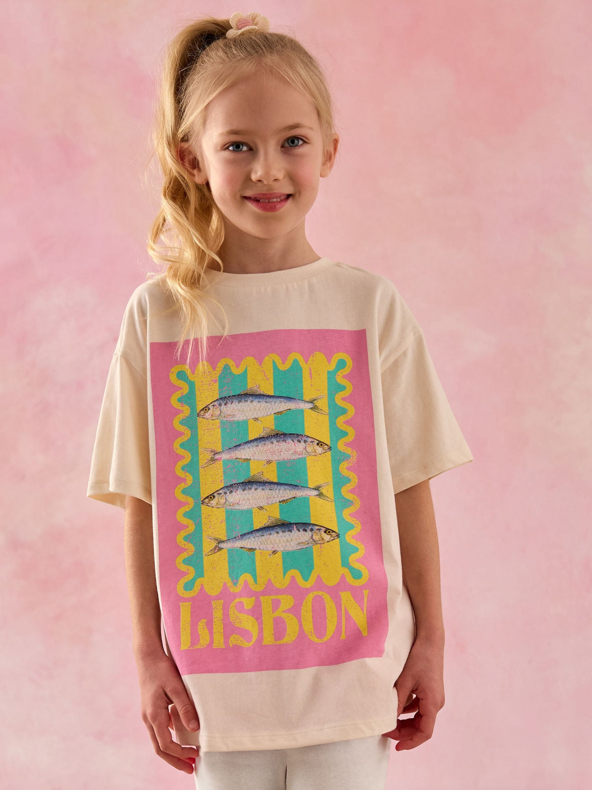 Ecru/Pink Sardine Oversized Graphic Print T-Shirt (3-16yrs)