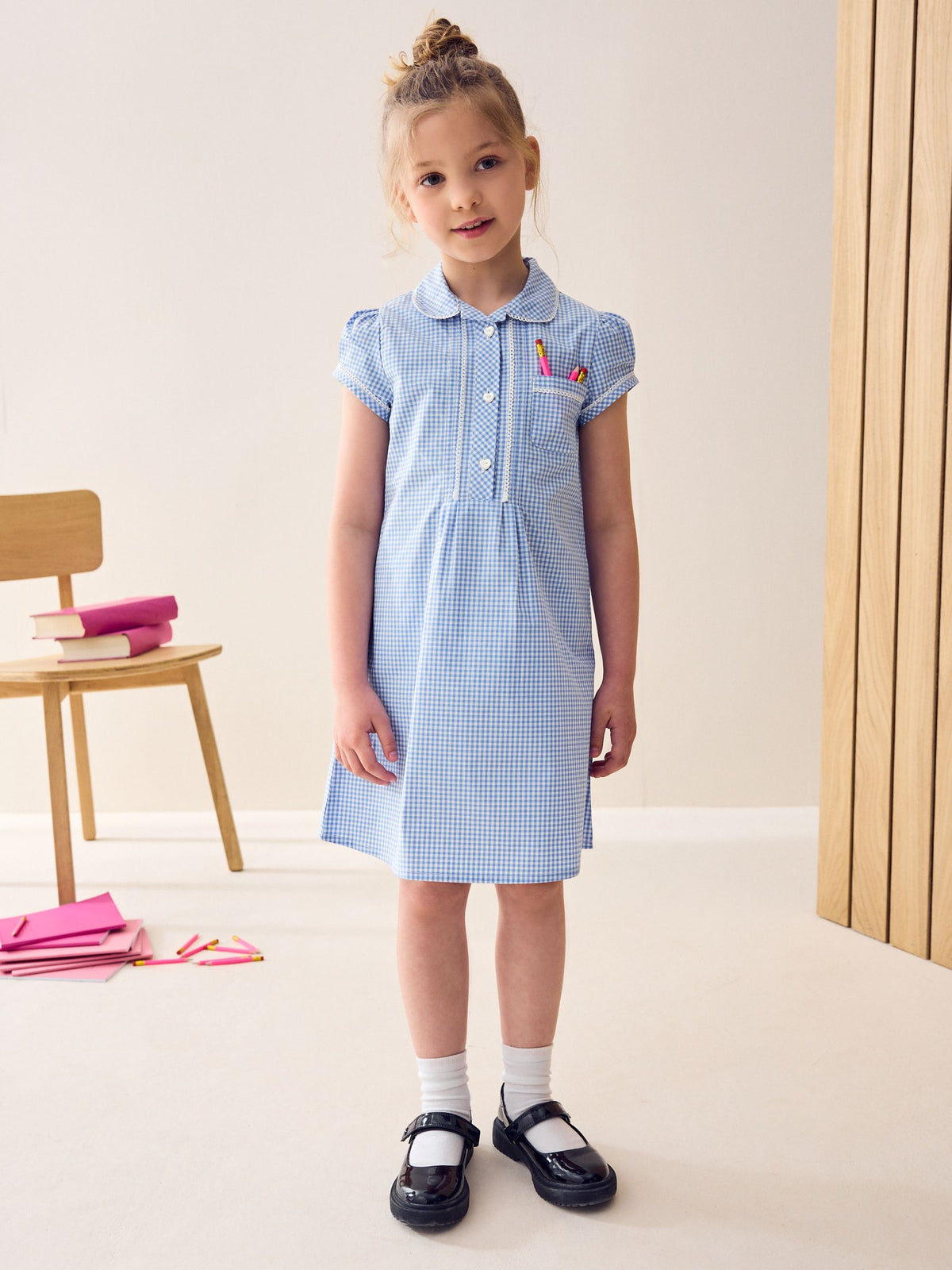 Blue Cotton Rich Button Front Lace Gingham School Dress (3-14yrs)