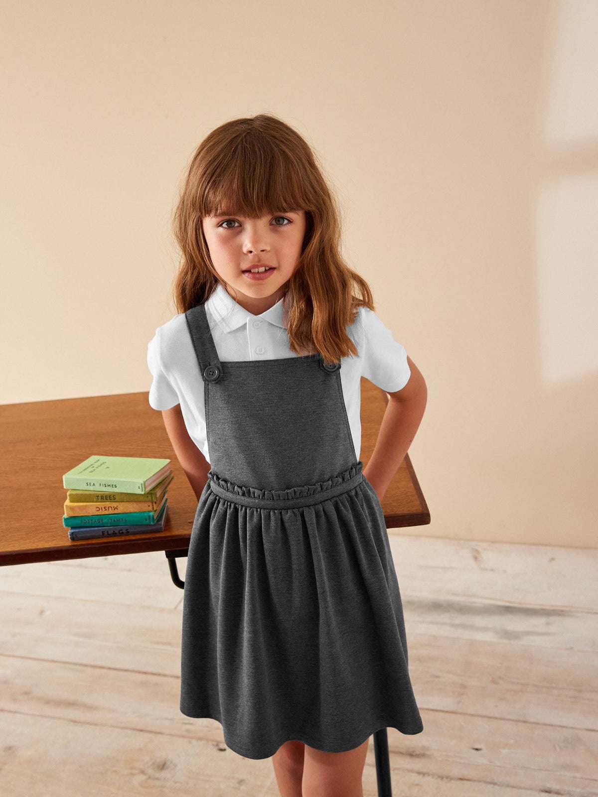 Grey Jersey Stretch Frill Detail School Pinafore (3-14yrs)