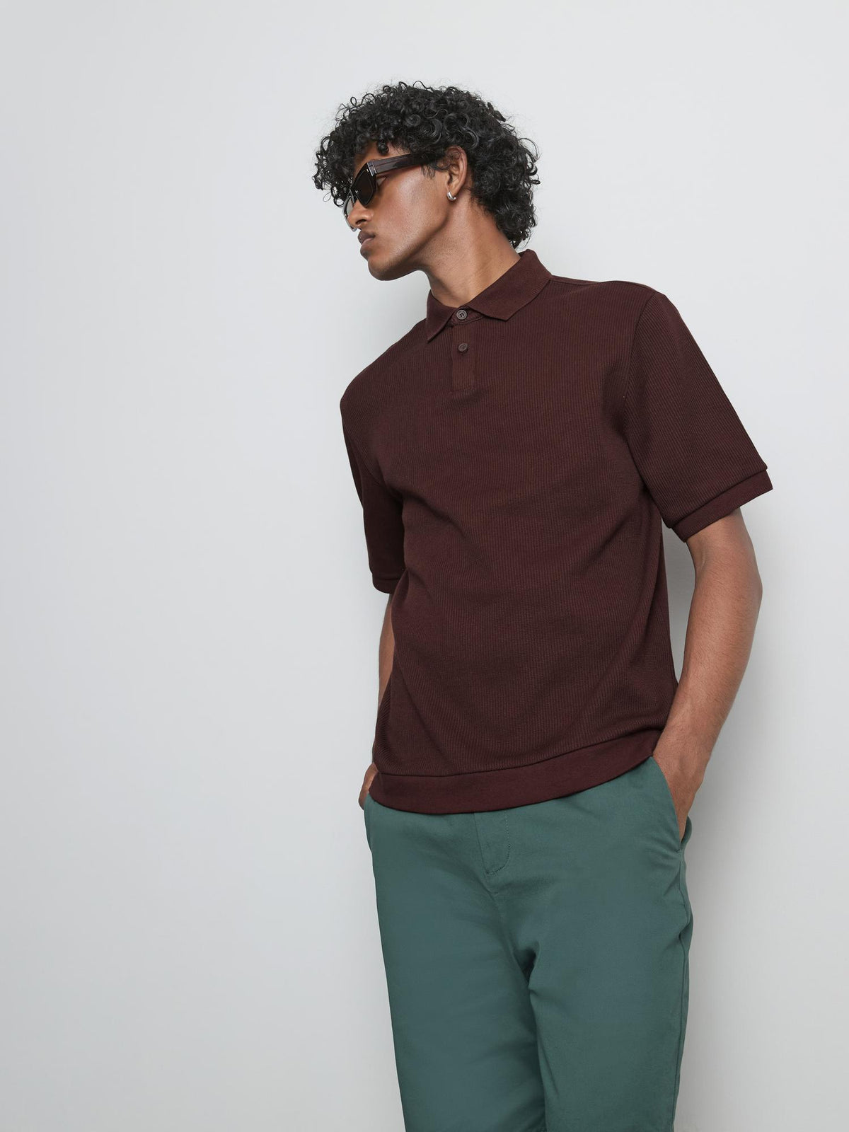 The Edit Ribbed Polo Shirt - Burgundy