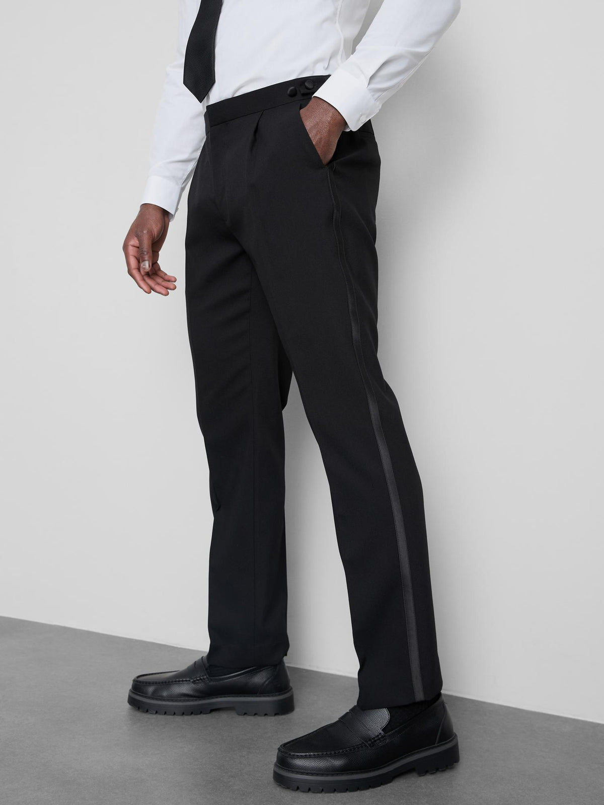 Regular Fit Pleat Front Tuxedo Trousers - Black