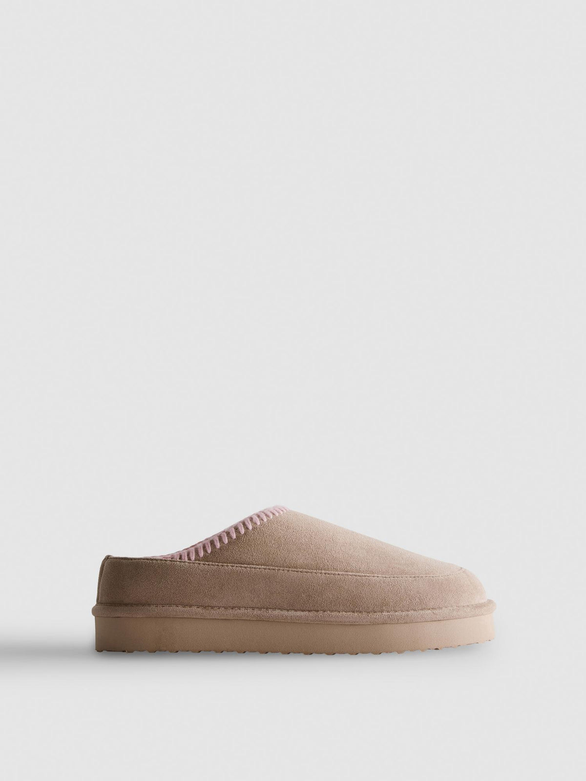 Contrast Stitch Faux Fur Lined Mule Slippers - Tan