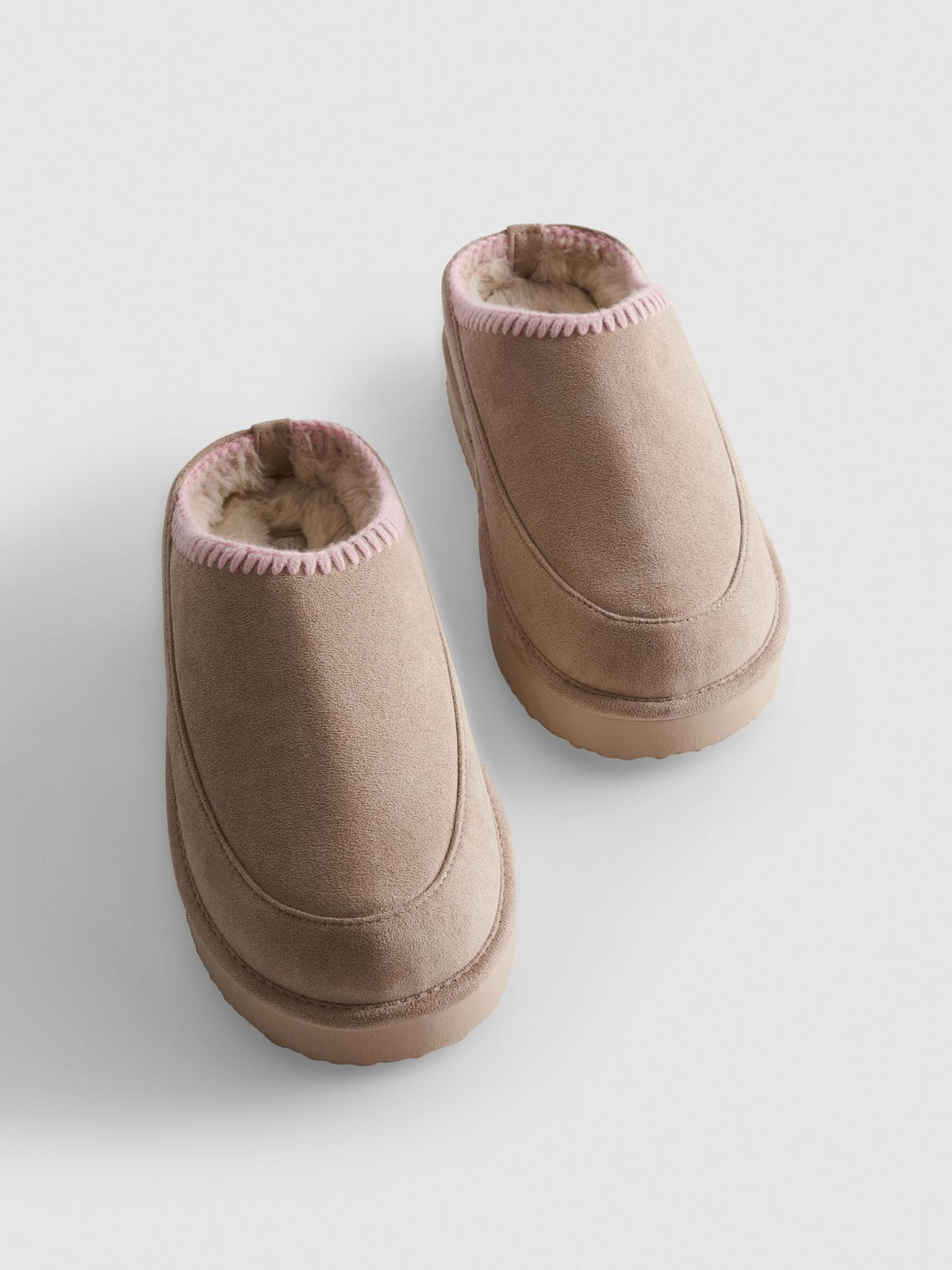 Contrast Stitch Faux Fur Lined Mule Slippers - Tan