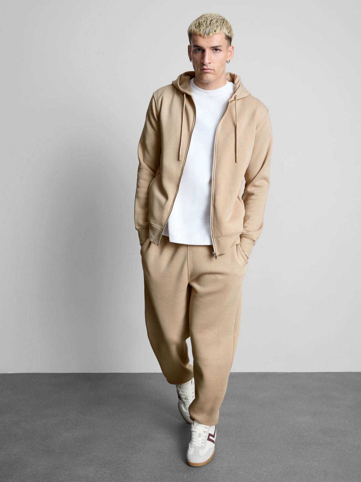 Regular Fit Cotton Blend Zip-Through Hoodie - Stone