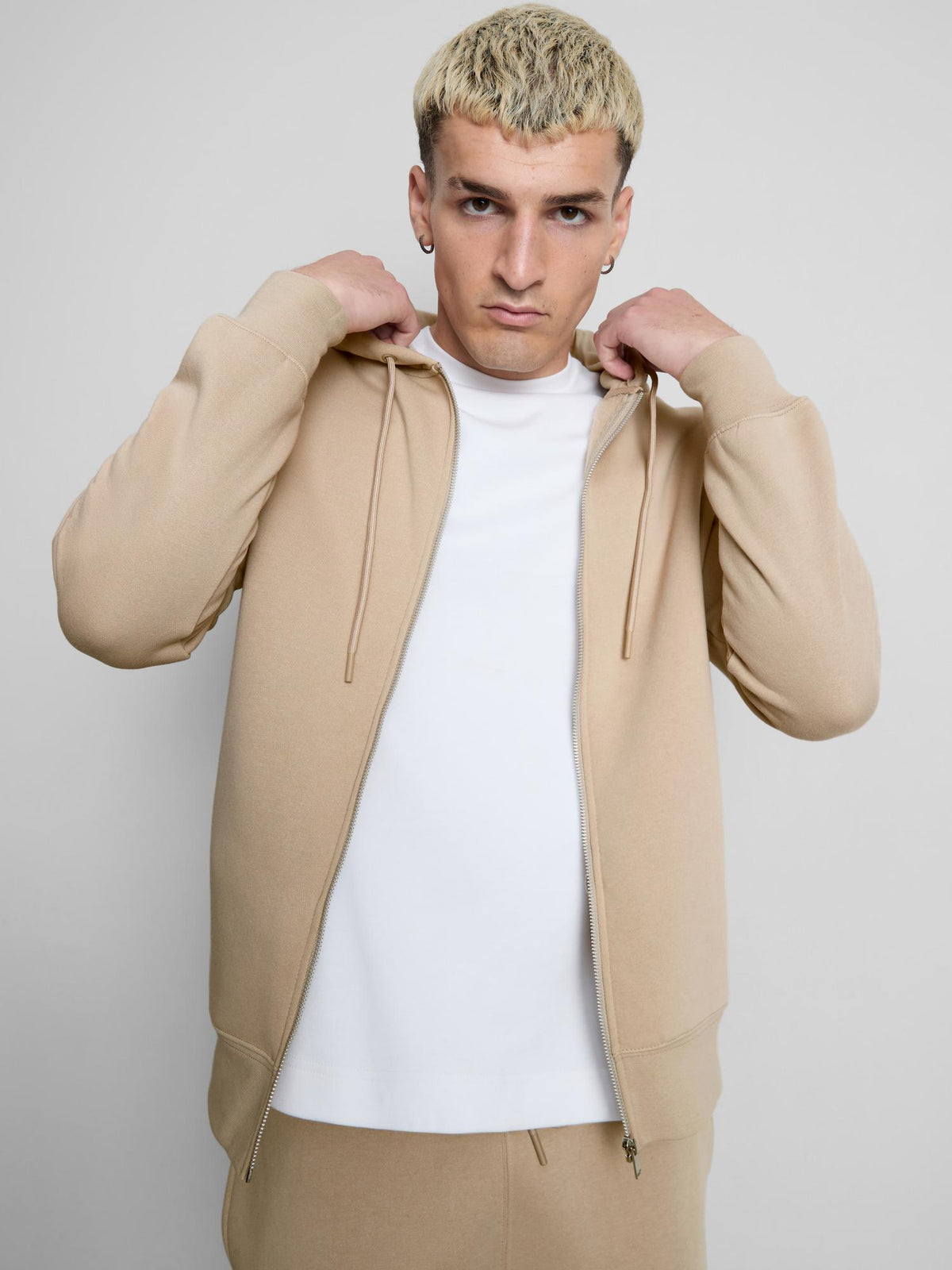Regular Fit Cotton Blend Zip-Through Hoodie - Stone