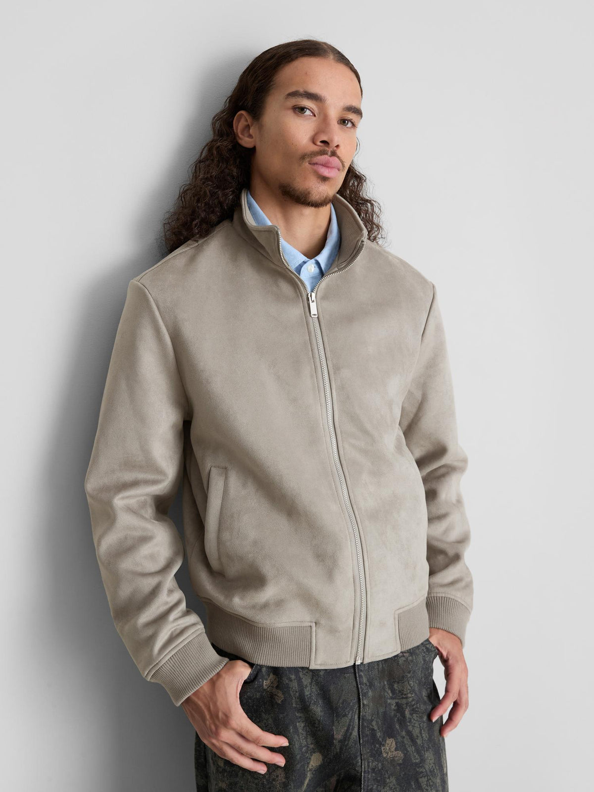 Faux Suede Bomber Jacket - Light Grey
