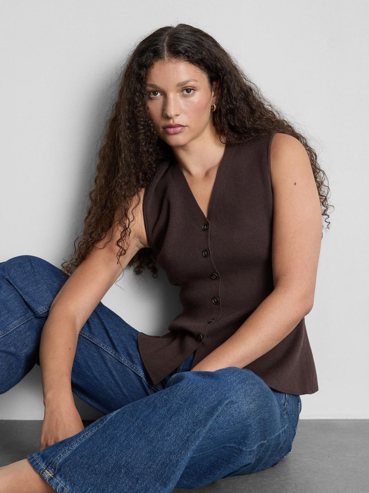 The Edit Knitted Sleeveless Peplum Waistcoat - Chocolate