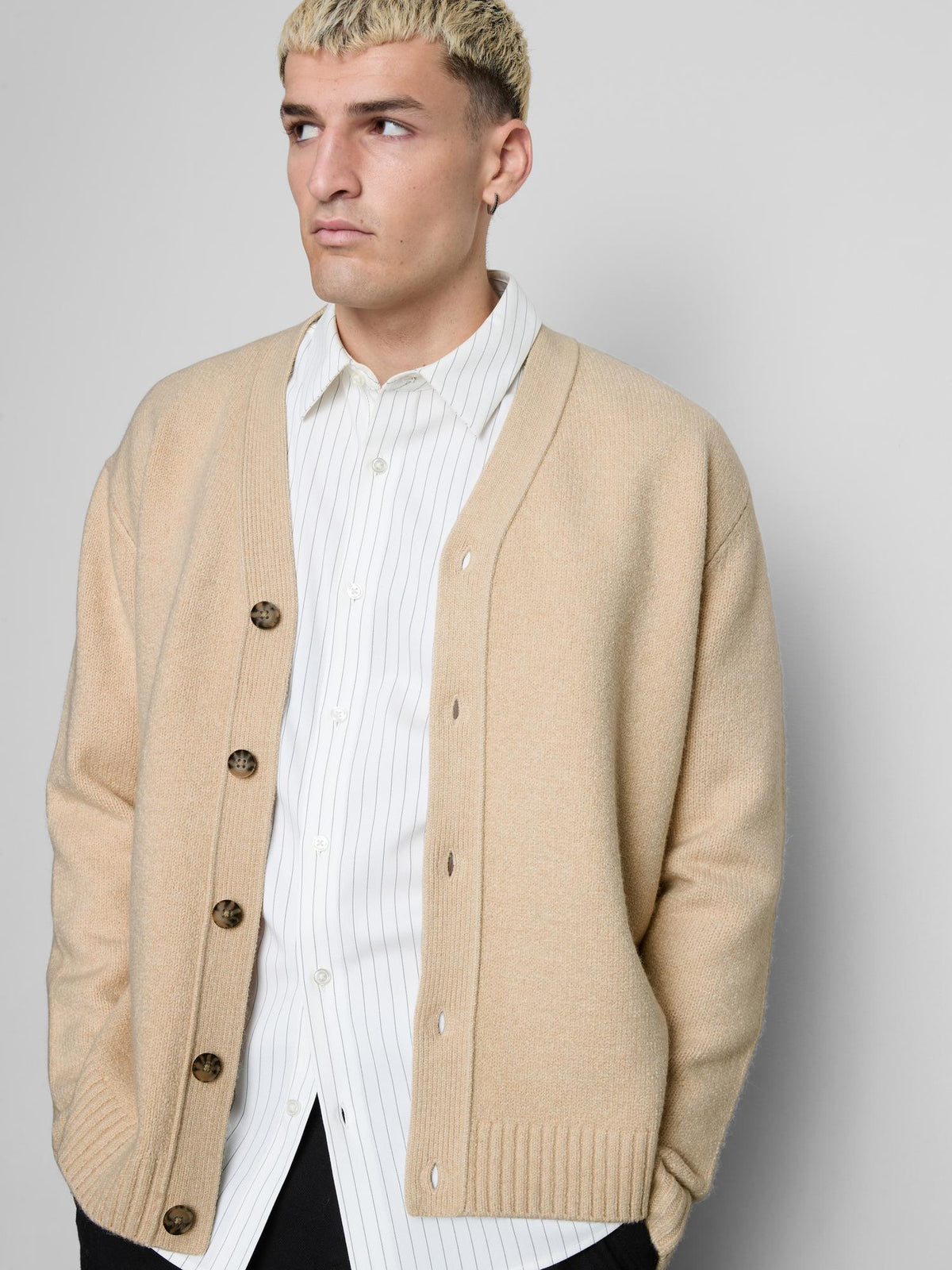 Button-Through V-Neck Cardigan - Natural